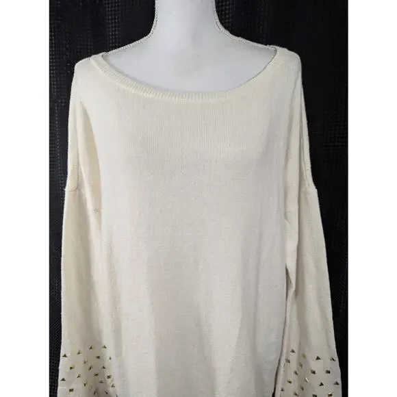 MICHAEL KORS! VANILLA CREAM BELL SLEEVE GOLD STUDDED SCOOP SWEATER! SZ XL - Picture 3 of 10
